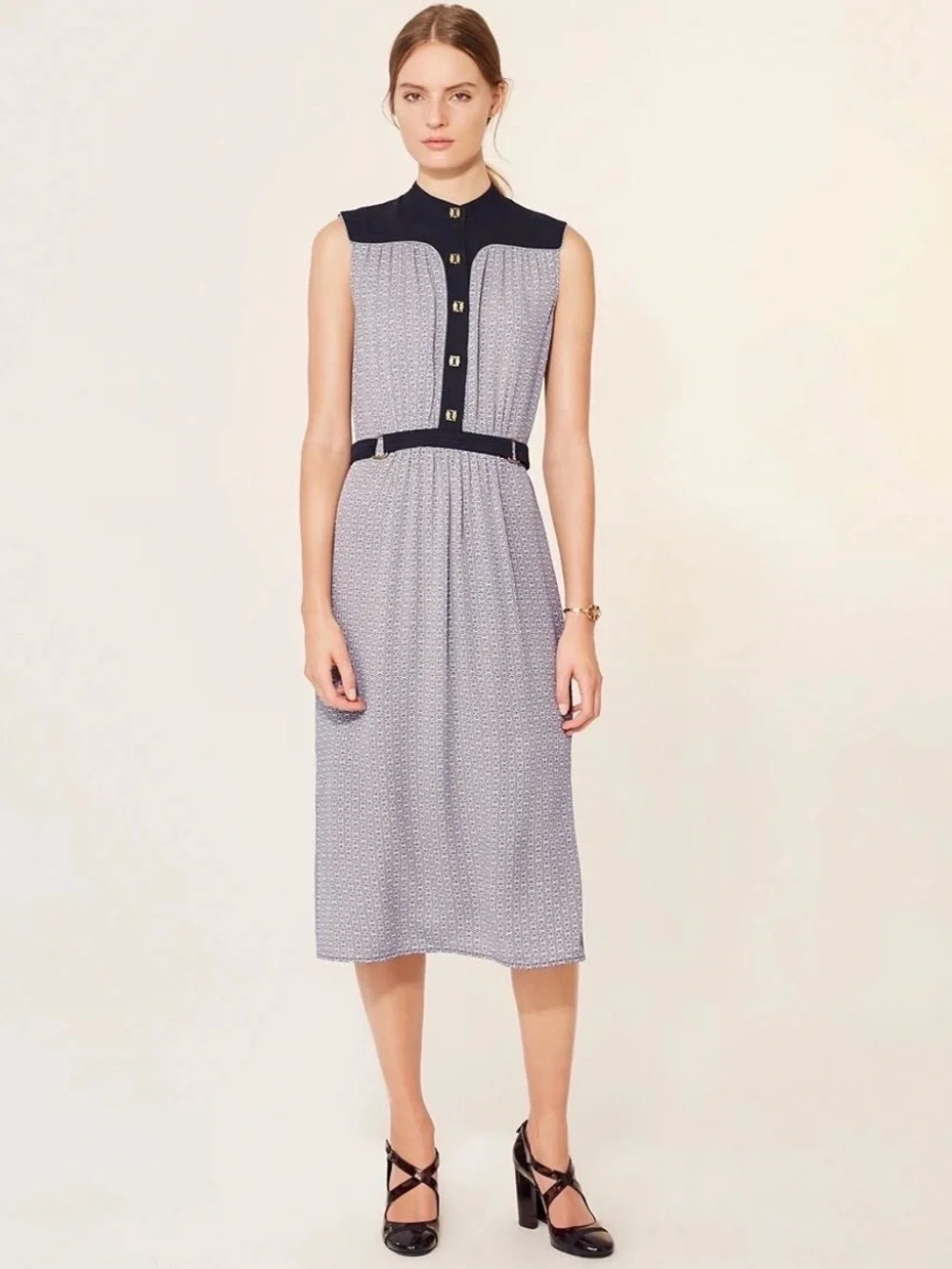 Tory Burch Rampling Silk Gemini Link Belted Midi Dress Size 6 Blue Black